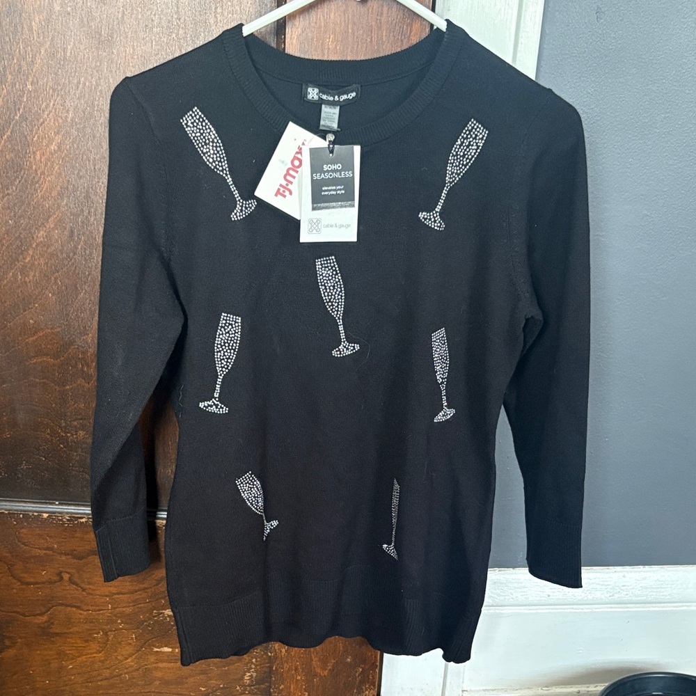 Black Sweater with silver beaded Champagne Glass Design